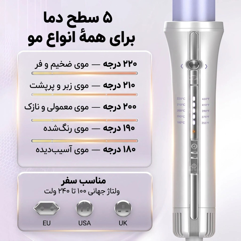 دستگاه فر کننده مو با پنج سطح دما و طراحی ارگونومیک برای انواع مو