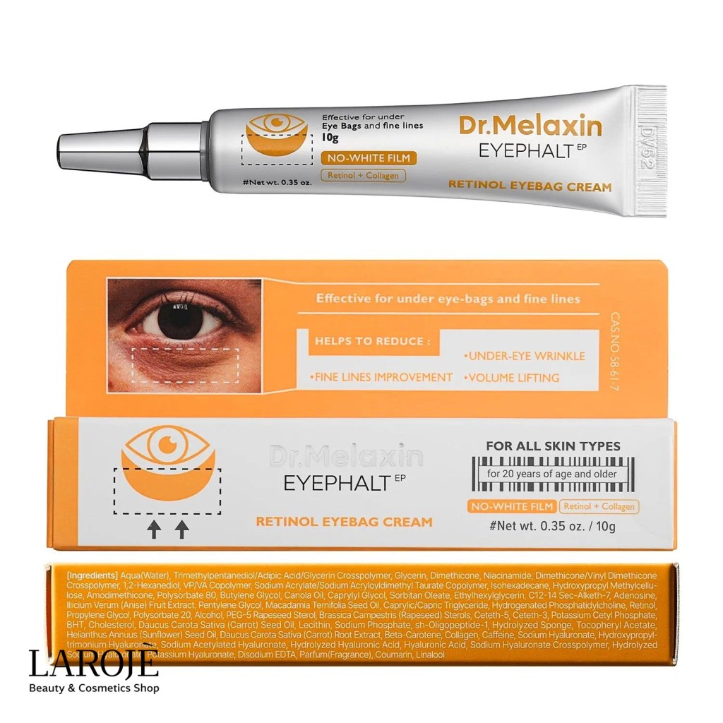 تیوب و جعبه‌ی کرم دور چشم رتینول دکتر ملاکسین مدل Eyephalt