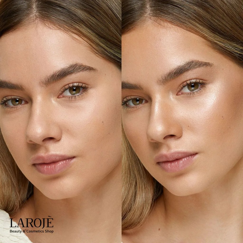 هایلایتر پودری کیکو مدل Glow Fusion Intense رنگ 02 Coral قبل و بعد از زدن روی صورت