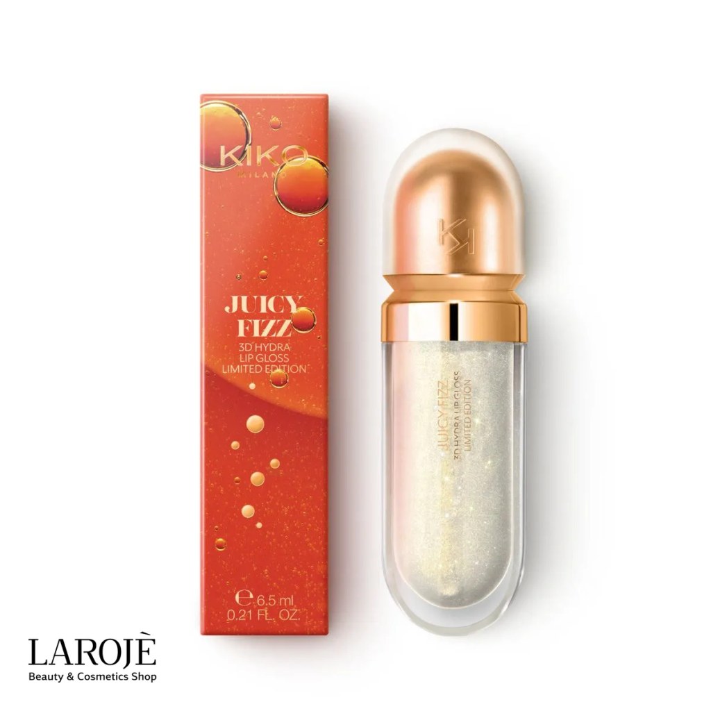 لیپ گلاس کیکو Juicy Fizz رنگ 01 Tropical Zest کنار جعبه