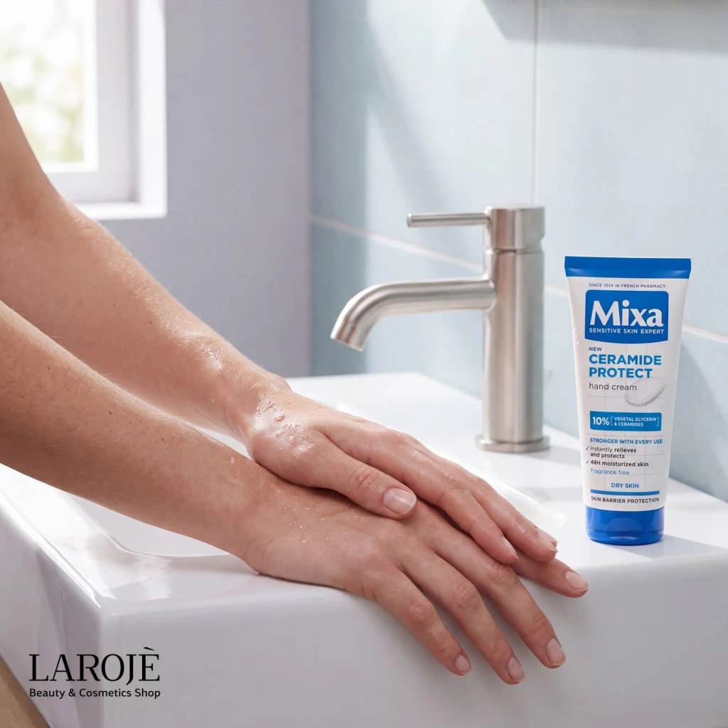 دست‌ها بعد از شستن کنار کرم دست میکسا Ceramide Protect